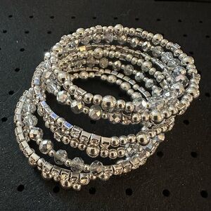 Silver Crystal Beaded Stretch Bracelet Set - Women Jewelry